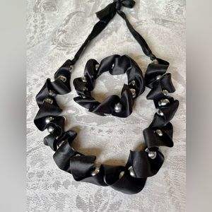 Ribbon and Bead Necklace and Bracelet Set